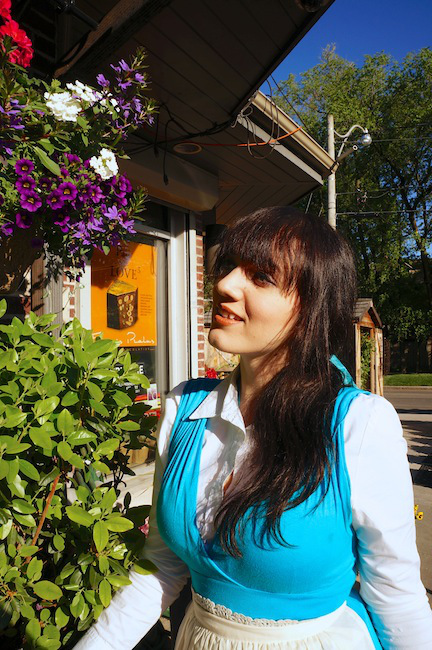 Sage cosplay as Belle with flowers