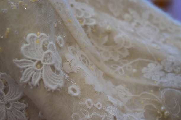 Beautiful handmade wedding dress fabric with lace and swarovski crystals