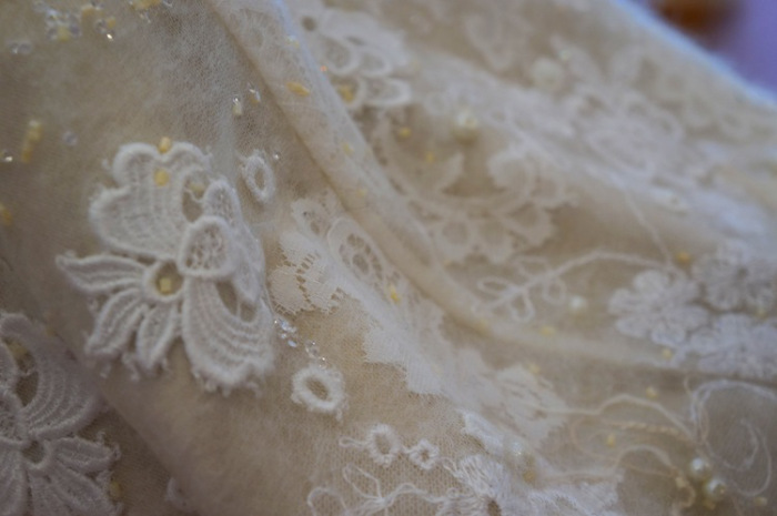 Beautiful handmade wedding dress fabric with lace and swarovski crystals